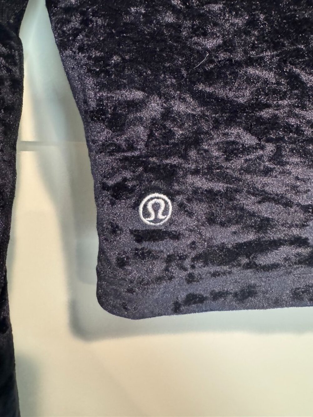 Lululemon “All Aligned” long sleeve cropped top in black crushed velvet — size 6